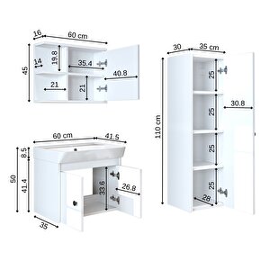 Ada Lavabolu Banyo Alt Dolabı + Banyo Üst Dolabı + Banyo Boy Dolabı Beyaz