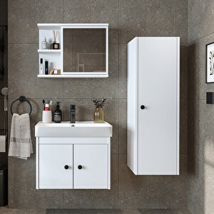 Ada Lavabolu Banyo Alt Dolabı + Banyo Üst Dolabı + Banyo Boy Dolabı Beyaz