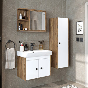 Ada Lavabolu Banyo Alt Dolabı + Banyo Üst Dolabı + Banyo Boy Dolabı Atlantik Çam - Beyaz