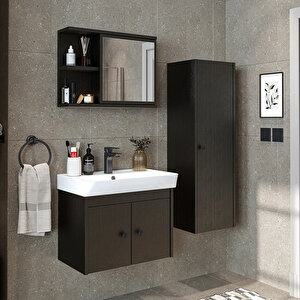 Ada Lavabolu Banyo Alt Dolabı + Banyo Üst Dolabı + Banyo Boy Dolabı Siyah