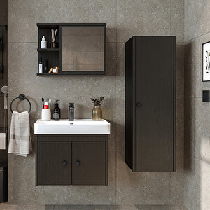 Ada Lavabolu Banyo Alt Dolabı + Banyo Üst Dolabı + Banyo Boy Dolabı Siyah