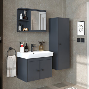 Ada Lavabolu Banyo Alt Dolabı + Banyo Üst Dolabı + Banyo Boy Dolabı Antrasit