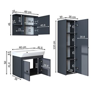 Ada Lavabolu Banyo Alt Dolabı + Banyo Üst Dolabı + Banyo Boy Dolabı Antrasit