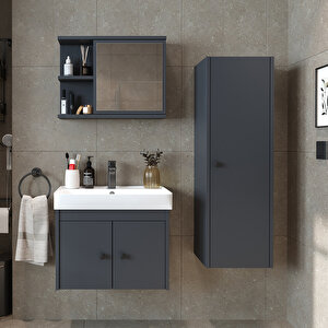 Ada Lavabolu Banyo Alt Dolabı + Banyo Üst Dolabı + Banyo Boy Dolabı Antrasit