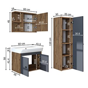 Roomart Ada Lavabolu Banyo Alt Dolabı + Banyo Üst Dolabı + Banyo Boy Dolabı