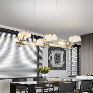 Ekerd 6'lı Gold 100 Watt Sıralı Yemek Masası Üstü Kristalli Modern Sarkıt Salon Led Avize