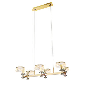 Ekerd 6'lı Gold 100 Watt Sıralı Yemek Masası Üstü Kristalli Modern Sarkıt Salon Led Avize