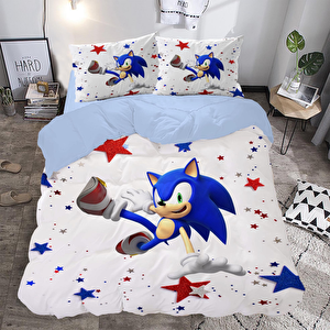 Mavi Sonic Temalı Baskılı Çift Kişilik Nevresim Takımı