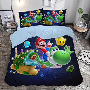 Super Mario Uzay Temalı Baskılı Çift Kişilik Nevresim Takımı
