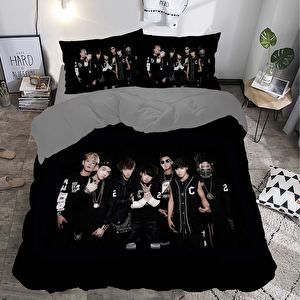 Siyah Bts Grup Temalı Baskılı Çift Kişilik Nevresim Takımı