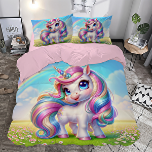 Renkli Unicorn Temalı Baskılı Çift Kişilik Nevresim Takımı