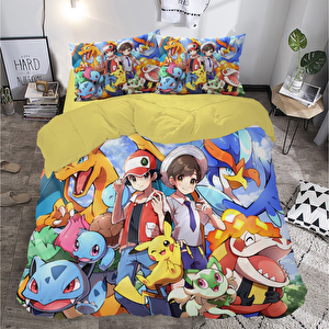 Pokemon Takımı Temalı Baskılı Çift Kişilik Nevresim Takımı
