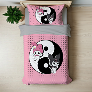 Kuromi Ying Yang Temalı Baskılı Tek Kişilik Nevresim Takımı