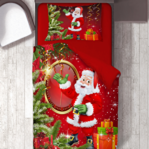 Santa Ve Saat Temalı Baskılı Tek Kişilik Nevresim Takımı