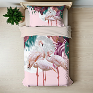 Pembe Flamingo Temalı Baskılı Tek Kişilik Nevresim Takımı