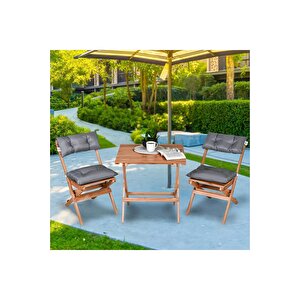Ahşap Katlanır Puf Minderli 3'lü Bistro Set Bahçe Takımı Naturel Gri