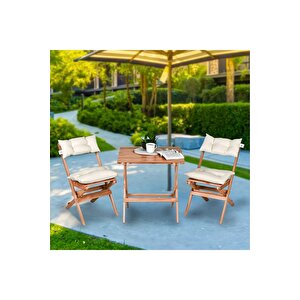 Ahşap Katlanır Puf Minderli 3'lü Bistro Set Bahçe Takımı Naturel Krem