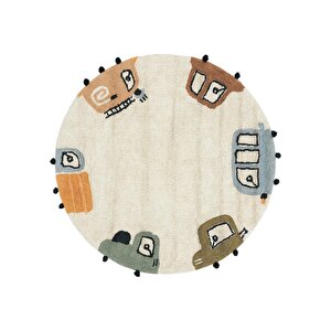 Cool Cotton Krem Bebek Halısı Yıkanabilir Kaymaz Yumuşak Araba Desen Yuvarlak Çocuk Halısı 120x120 cm