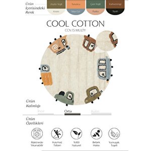 Cool Cotton Krem Bebek Halısı Yıkanabilir Kaymaz Yumuşak Araba Desen Yuvarlak Çocuk Halısı 120x120 cm