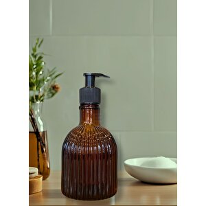 Desenli Cam Sıvı Sabunluk 350 Ml Anber Kahve Şık Ve Estetik 17x8,5 Cm