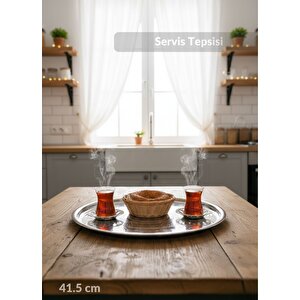Geleneksel Çelik Sini – 41,5 cm Paslanmaz Yemek Tepsisi, Çay ve Kahve Sunum No:45