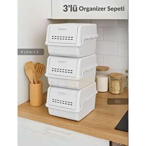 3'lü Set Organizer Erzak Kutusu Bpa Free Saklama Kutusu Soğanlık Sebzelik Sepet Gri 8 Lt X 3