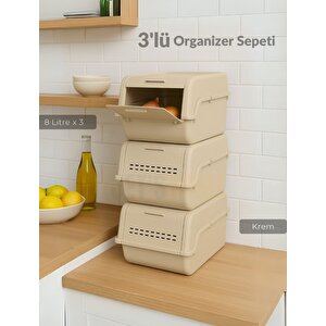 3'lü Set Organizer Erzak Kutusu Bpa Free Saklama Kutusu Soğanlık Sebzelik Sepet Krem 8 Lt X 3
