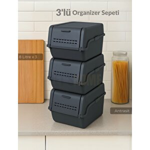 3'lü Set Organizer Erzak Kutusu Bpa Free Saklama Kutusu Soğanlık Sebzelik Sepet Antrasit 8 Lt X 3