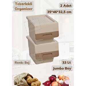 2’li Tekerlekli Patateslik Soğanlık Oyuncak Kutusu Patates Soğan Sepeti Motek Bej 33 Lt