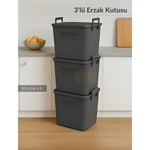 3’lü Set Soğanlık Sepet Havalandırmalı Erzak Kutusu Bpa Free Sebzelik Saklama Kutusu Antrasit 90 Lt