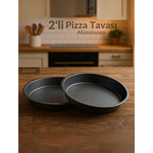2'li Pizza Tavası Seti Alüminyum Pizza Tepsisi Yapışmaz Lahmacun Pide Tavası 24 Cm