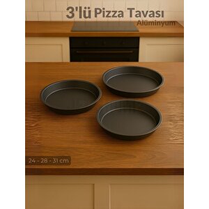 3'lü Pizza Tavası Seti Alüminyum Pizza Tepsisi Yapışmaz Lahmacun Pide Tavası