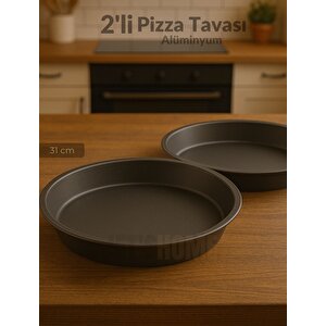 2'li Pizza Tavası Seti Alüminyum Pizza Tepsisi Yapışmaz Lahmacun Pide Tavası 31 Cm