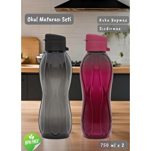 2’li Okul Matarası Seti Bpa Free Öğrenci Suluğu Kokusuz Suluk Siyah Bordo 750 Ml