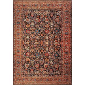 Private Turuncu Etnik Desenli Çiçekli Şönil Halı Yıkanabilir Eskitme Vintage Salon Halısı 300x400 cm