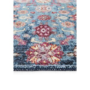 Cool Halı Private Mavi Eskitme Vintage Halı Çiçek Otantik Dokuma Şönil Halı Yıkanabilir Salon Halısı