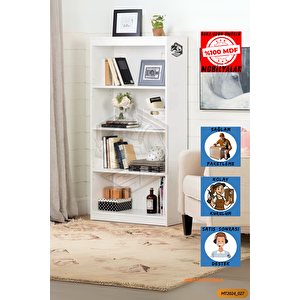 Tamamı Mdf 4 Bölmeli Kapaksız Beyaz Kitaplık Salon Yatak Odası Çalışma Odası Ofis