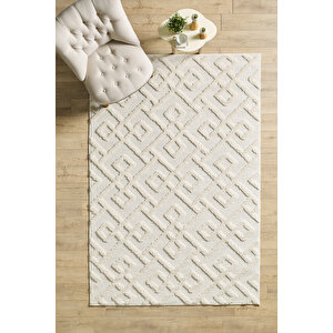 Modern Desenli Halı Krem Halı Jüt Tabanlı Salon Oturma Odası Halısı Yumuşak Bukleli 200x290 cm