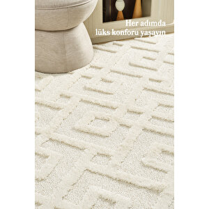 Modern Desenli Halı Krem Halı Jüt Tabanlı Salon Oturma Odası Halısı Yumuşak Bukleli 200x290 cm