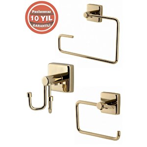 Paslanmaz Pirinç Vizyon 3'lü Set - Havluluk-tuvalet Kağıtlığı-askılık Altın Gold