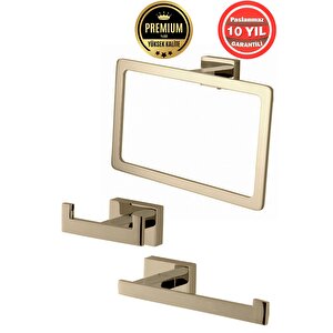 Paslanmaz Pirinç Banyo Aksesuar 3'lü Set Kenzo Havluluk Tuvalet Kağıtlık Askılık Altın Gold