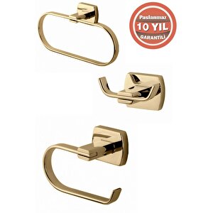Paslanmaz Pirinç Milano Banyo Aksesuar Set Havluluk-bornozluk-tuvalet Kağıtlık Altın Gold