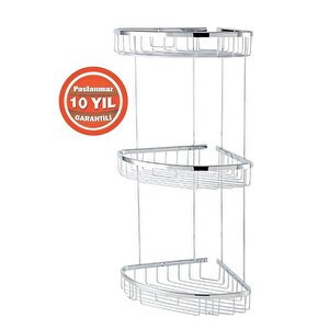 Paslanmaz Pirinç Zerrin 3'lü 22*22 Cm Şampuanlık Banyo Rafı
