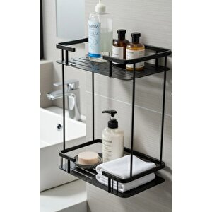 Paslanmaz Pirinç Mat Siyah Lidya 2'li 15x22 Cm Şampuanlık Banyo Rafı