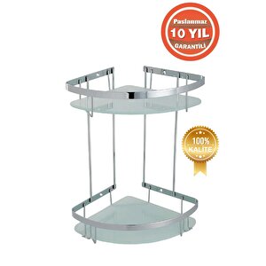 Paslanmaz Çelik Zerrin Camlı 2’li 19x19 Cm Şampuanlık Banyo Rafı Süngerlik