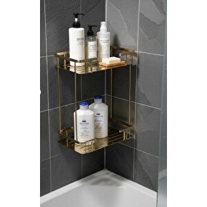 Paslanmaz Pirinç Altın Gold Lidya 2'li 15x22 Cm Şampuanlık Banyo Rafı