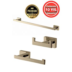 Paslanmaz Pirinç Banyo Aksesuar 3'lü Set Kenzo Havluluk Tuvalet Kağıtlık Askılık Altın Gold