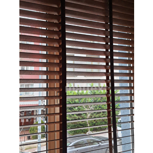Kahverengi Redektörlü Kurdelalı Ahşap Jaluzi 150x170 cm