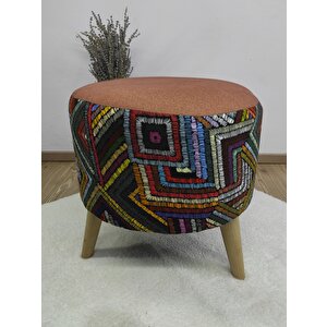 Retro Gürgen Ahşap Ayaklı Dekoratif Etnik Üst Kiremit,turuncu Desenli Silindir Puf Bench