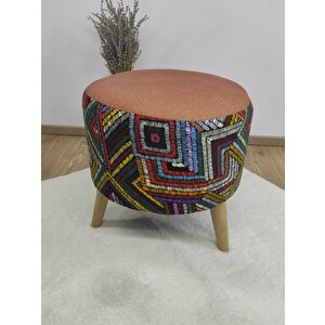 Retro Gürgen Ahşap Ayaklı Dekoratif Etnik Üst Kiremit,turuncu Desenli Silindir Puf Bench